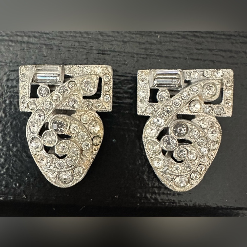 Vintage Duette Rhinestone Brooch Silver Crystal Pavé Scroll Dress Clips